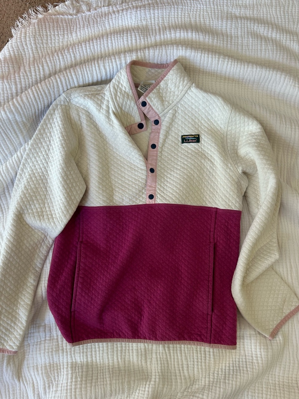 L.L. Bean Quilted Snap Pullover - Cream & Berry Pink Trim